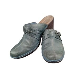 Clarks Bendables Women Blue Leather Buckle Wedge Clog Mules Shoes Size 8.5M
